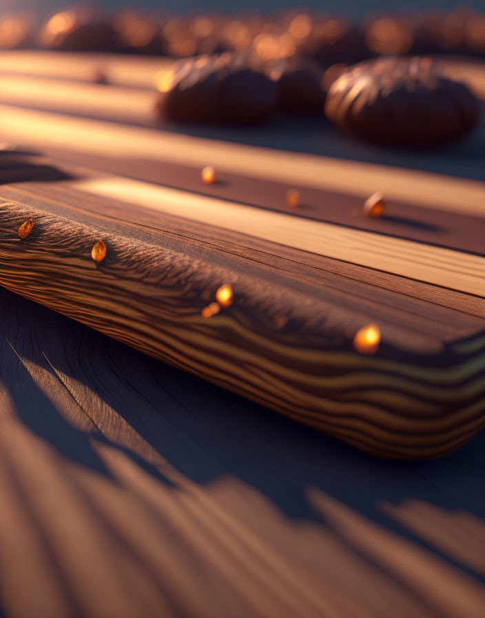 Sunset illuminates wooden planks with shadows and resin drops.