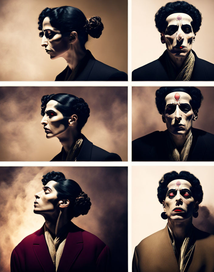 Six Dramatic Poses with Theatrical Makeup on Warm Background