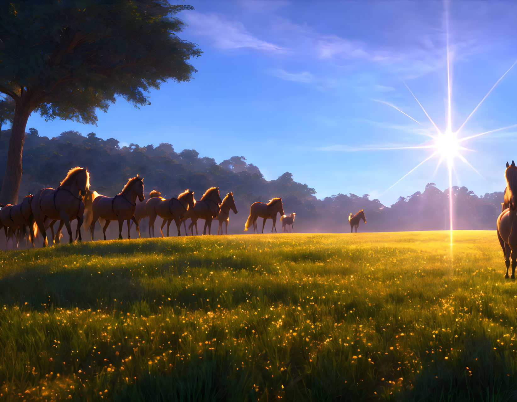 Sunlit field with herd of horses under low sun casting long shadows