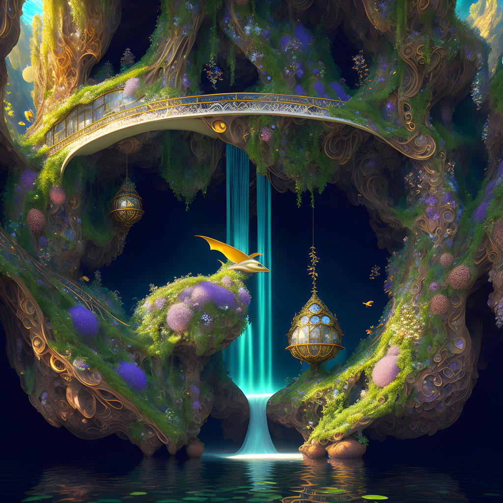 Fantastical landscape with ornate bridge, lush trees, waterfalls, lanterns, and flying