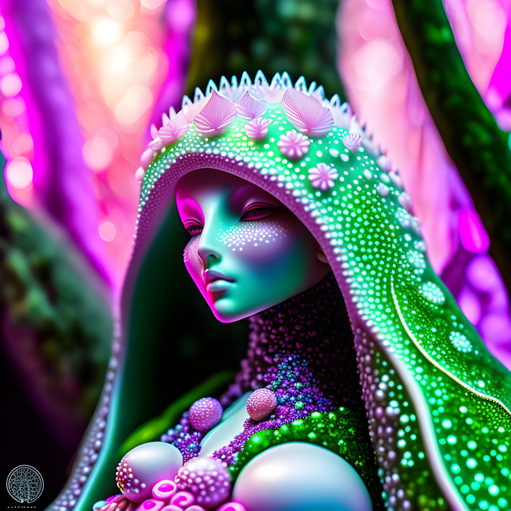 Colorful Digital Artwork: Mystical Figure in Pearl-Studded Attire in Neon Forest