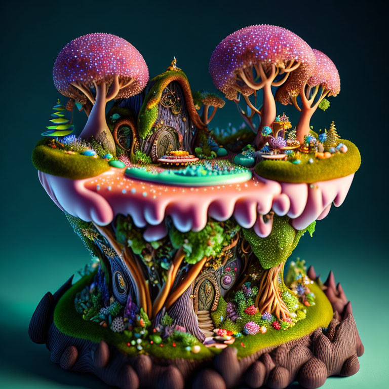 Fantastical floating island with vibrant mushroom trees