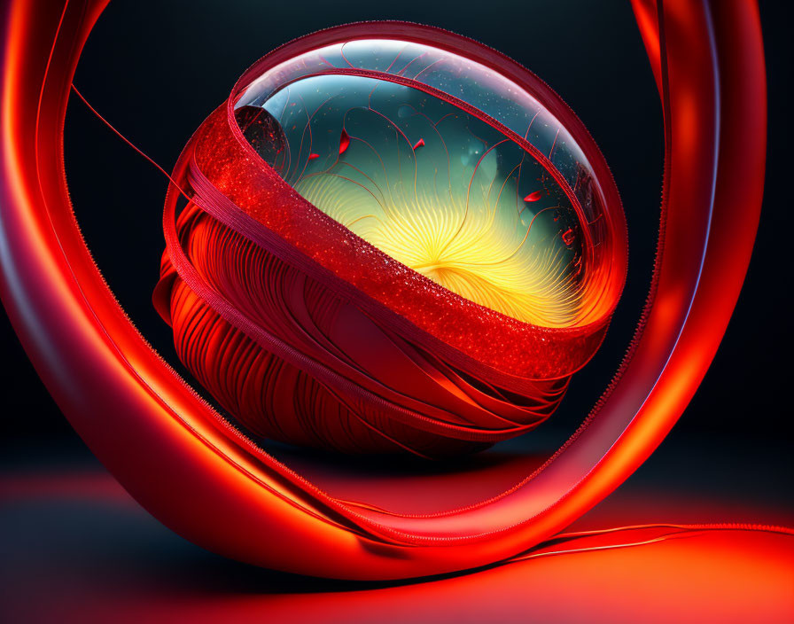 Abstract glowing orb in red coils on dark background with intricate patterns