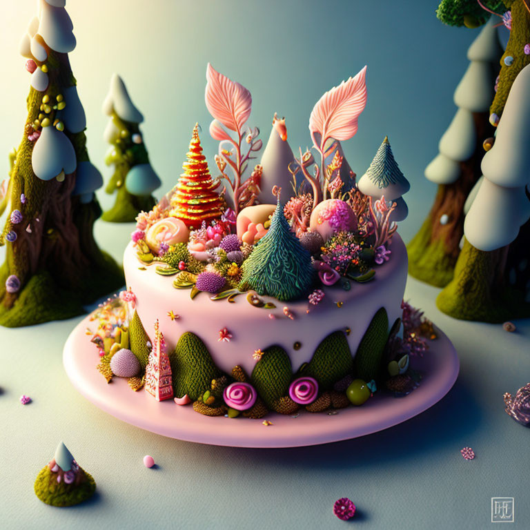 Colorful Forest-themed Whimsical Cake with Trees, Flowers, and Mushrooms