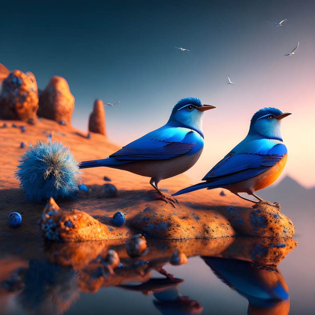 Vibrant blue and orange birds on rock in desert setting with flying birds and snail shells.