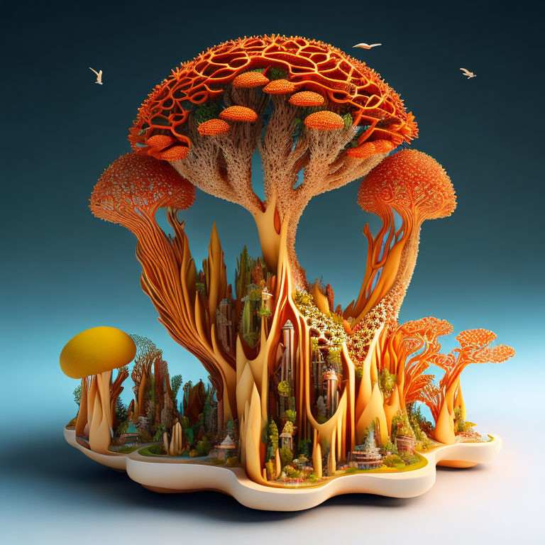 Vibrant orange tree with mushroom-like growths in digital artwork