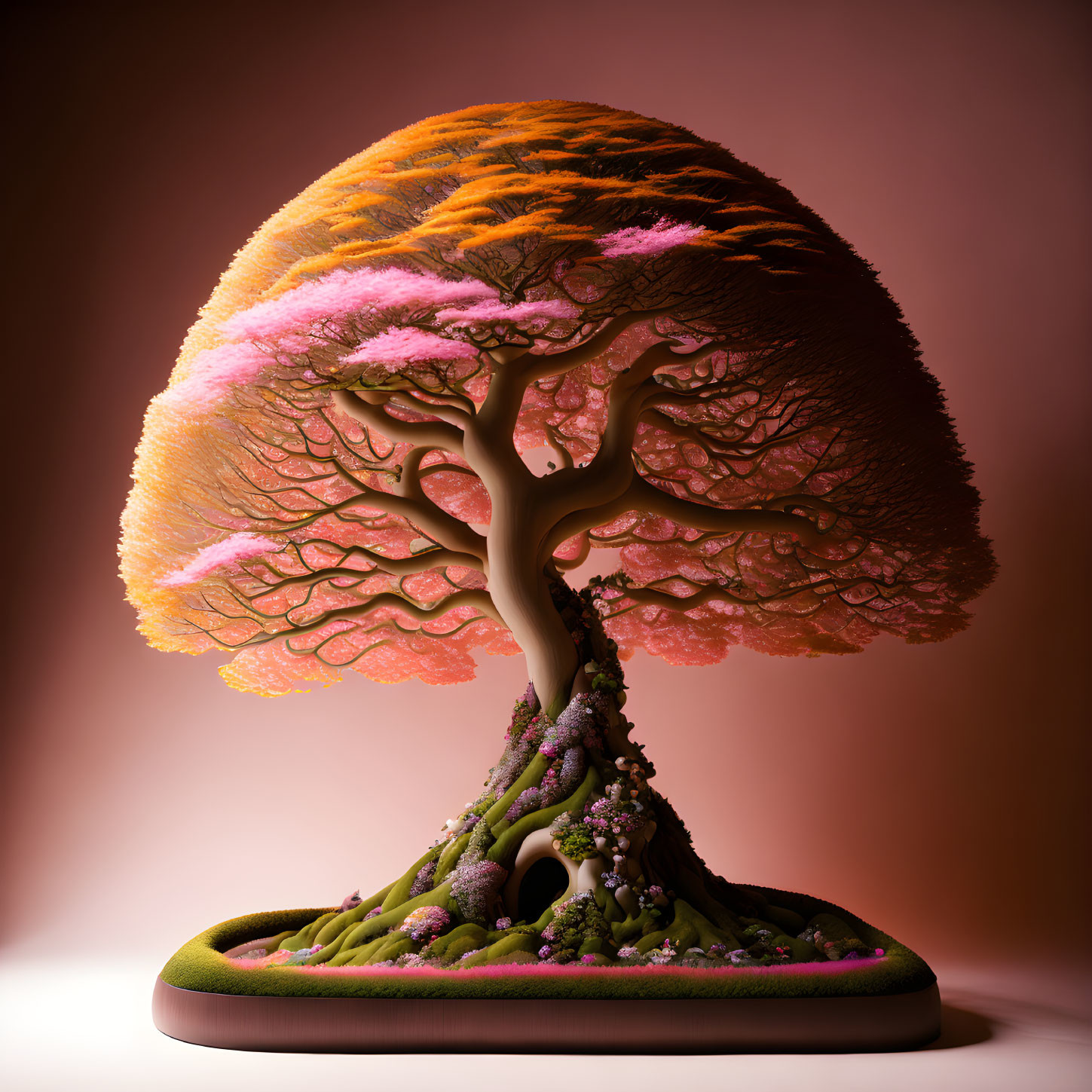 Vibrant digital art: Tree with orange-pink canopy on mossy base