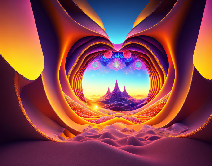 Colorful digital art: heart-shaped portal to cosmic landscape with mountains, stars, and celestial patterns