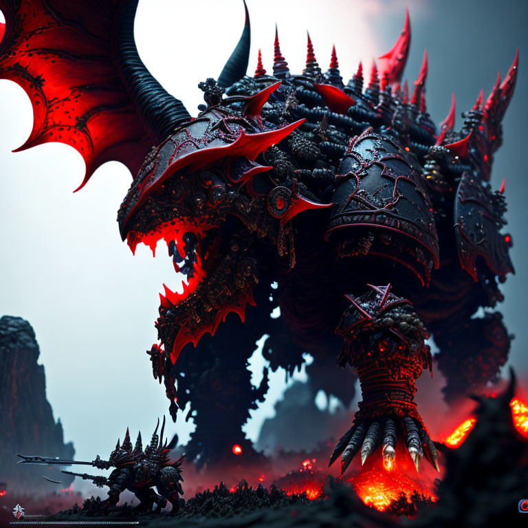 Menacing dragon with spiked armor and fiery wings in volcanic landscape