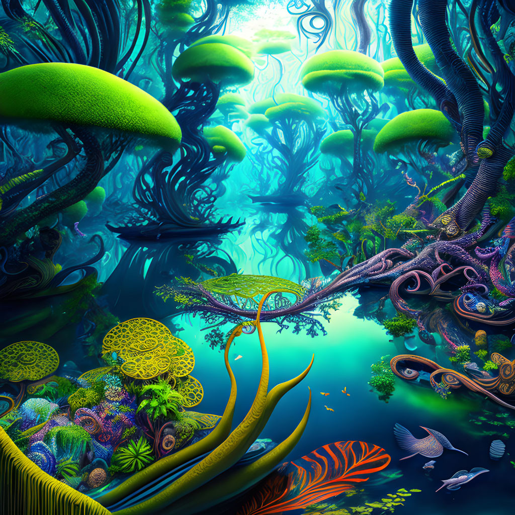 Colorful Underwater Scene: Glowing Plants, Coral, and Reflections