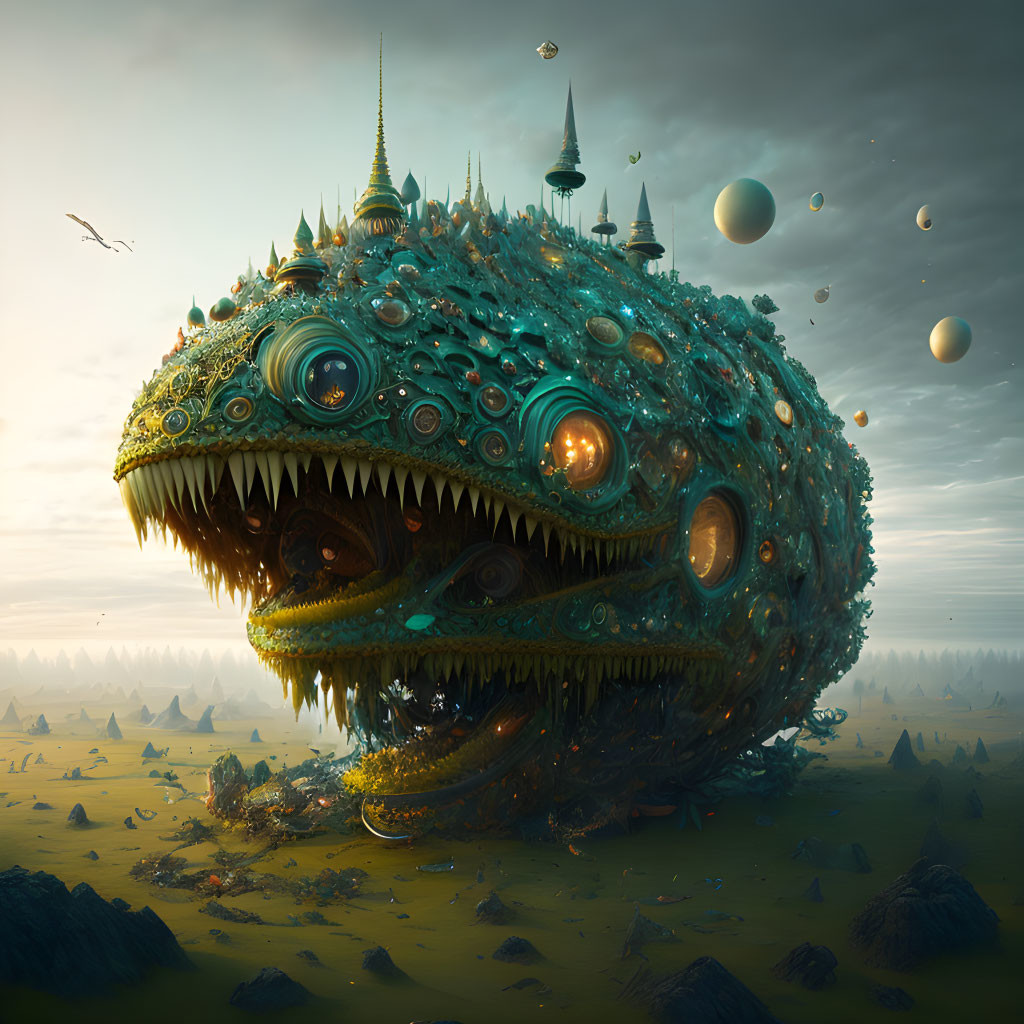 Gigantic creature with spires and orbs in misty landscape