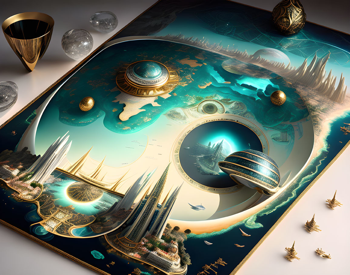 Fantastical 3D Illustration of Futuristic City with Golden and Turquoise Buildings