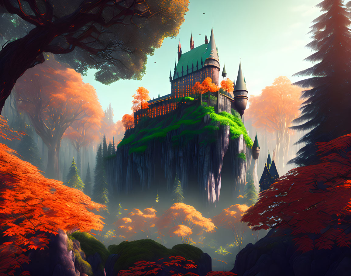 Castle on Steep Cliff in Autumn Forest with Sunlight