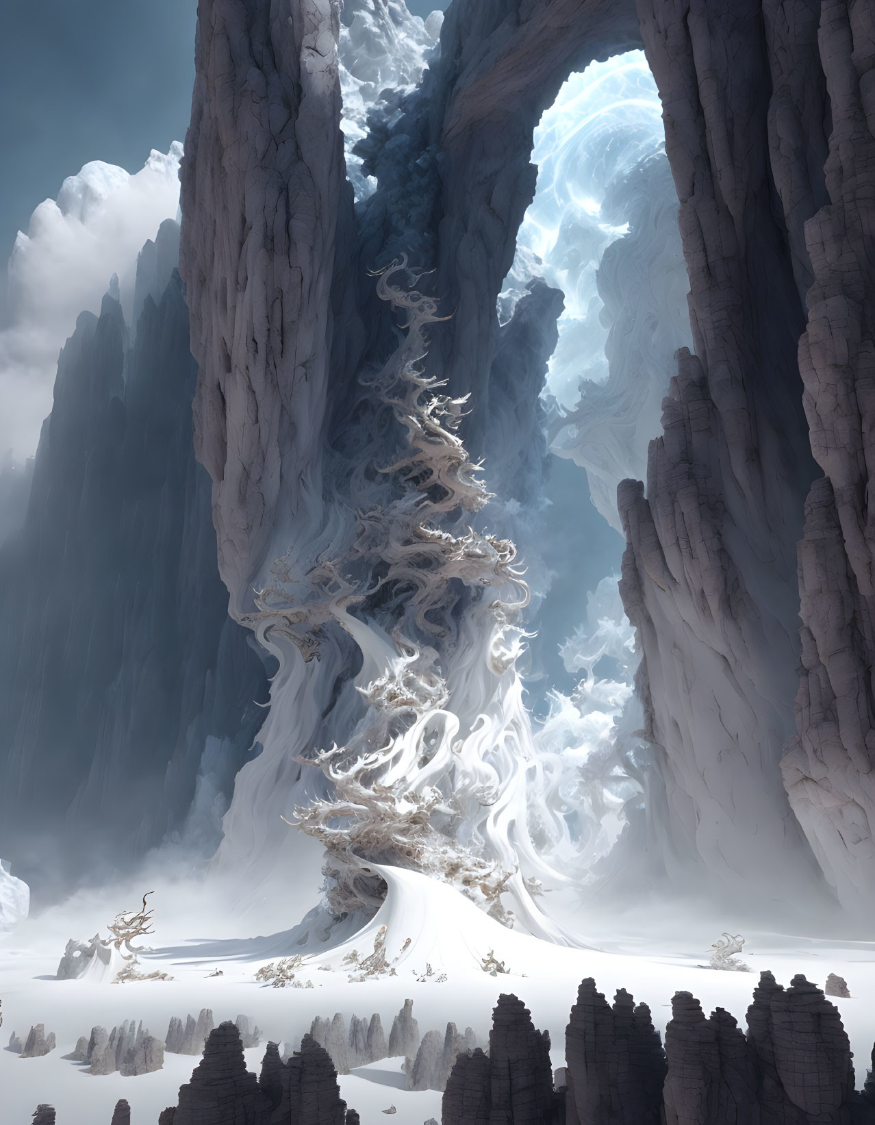 Majestic tree with spiraling branches among ice pillars under cloudy sky