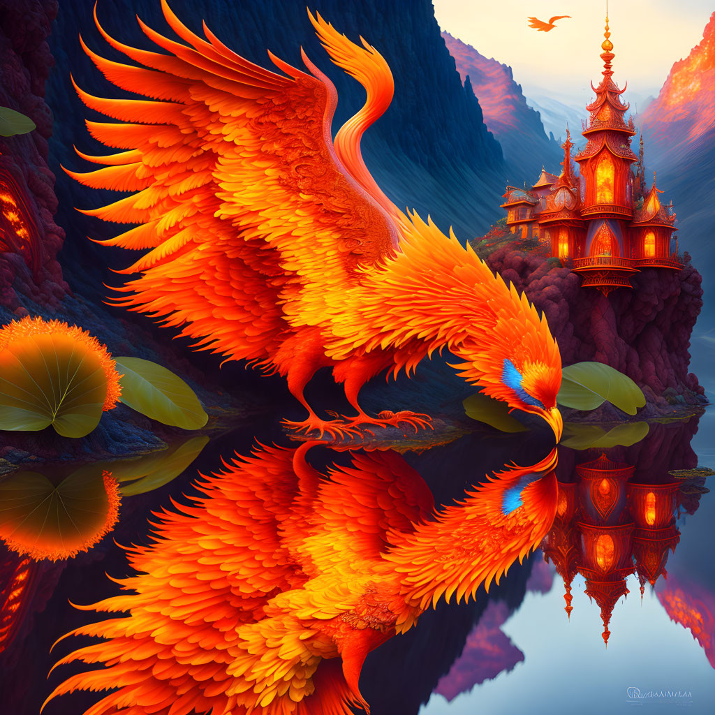 Orange Phoenix Drinking from Still Lake with Ornate Temple on Cliff