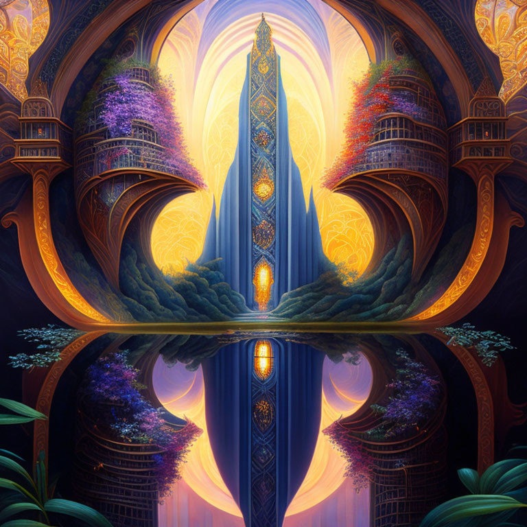 Symmetrical architecture in fantasy landscape with glowing central spire surrounded by lush foliage and serene water reflection