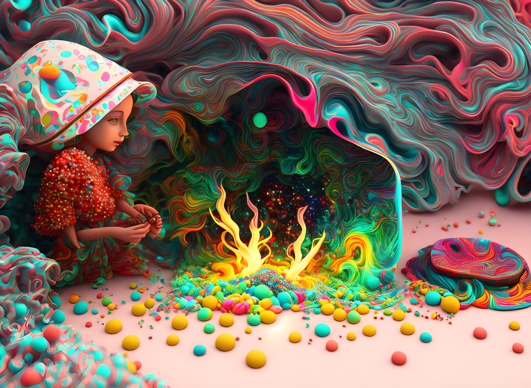 Colorful surreal scene: child in patterned outfit by vibrant swirled structure and campfire with