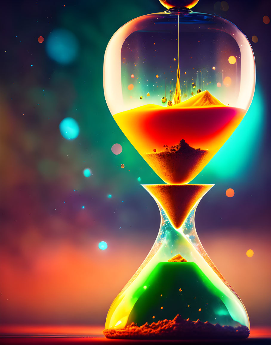 Colorful Hourglass with Flowing Sand on Bokeh Background