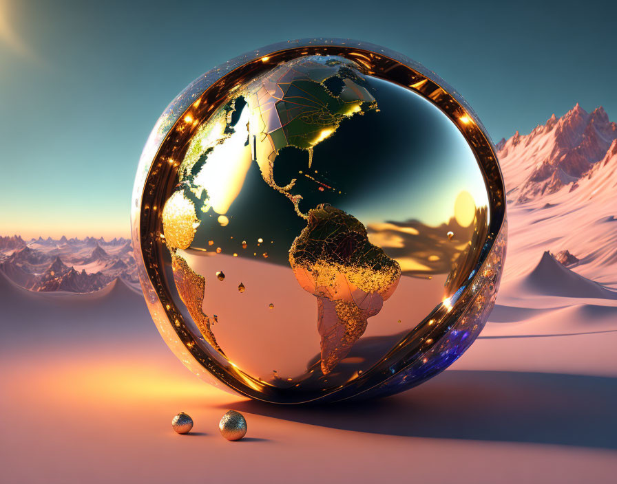 Digitally created image of glowing world map globes on surreal snowy landscape