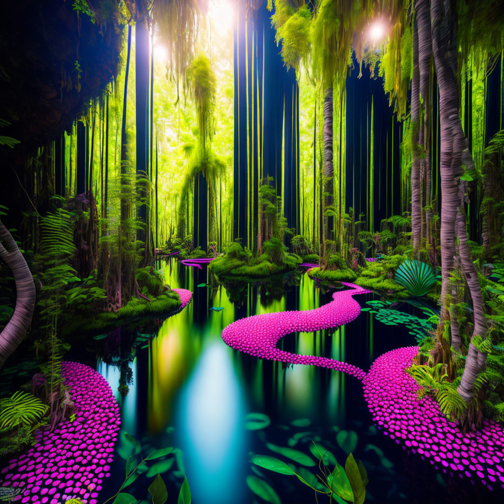 Vibrant fantastical forest with neon pink lily pads on tranquil blue pond