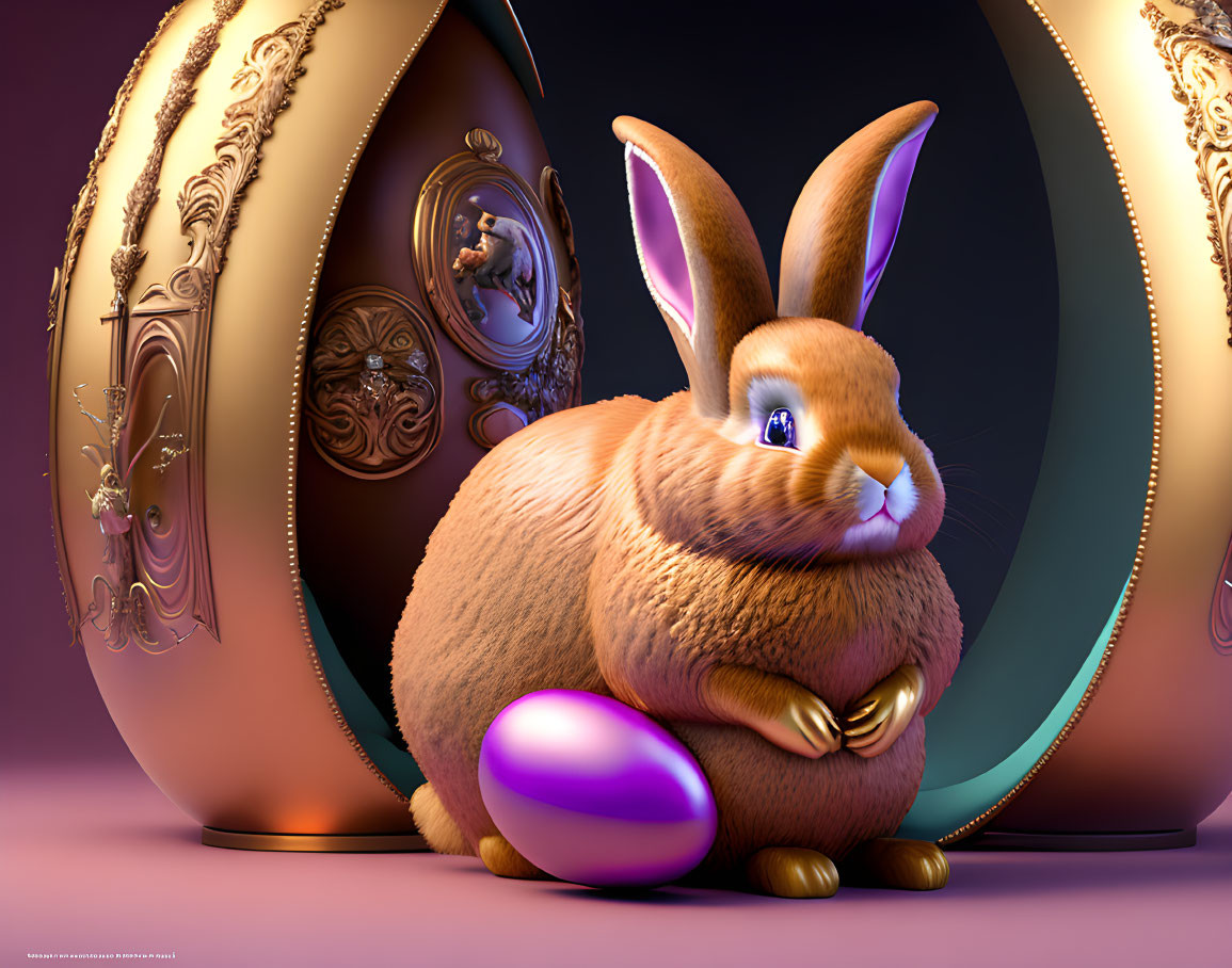 Fluffy orange bunny hugging purple Easter egg in golden egg backdrop