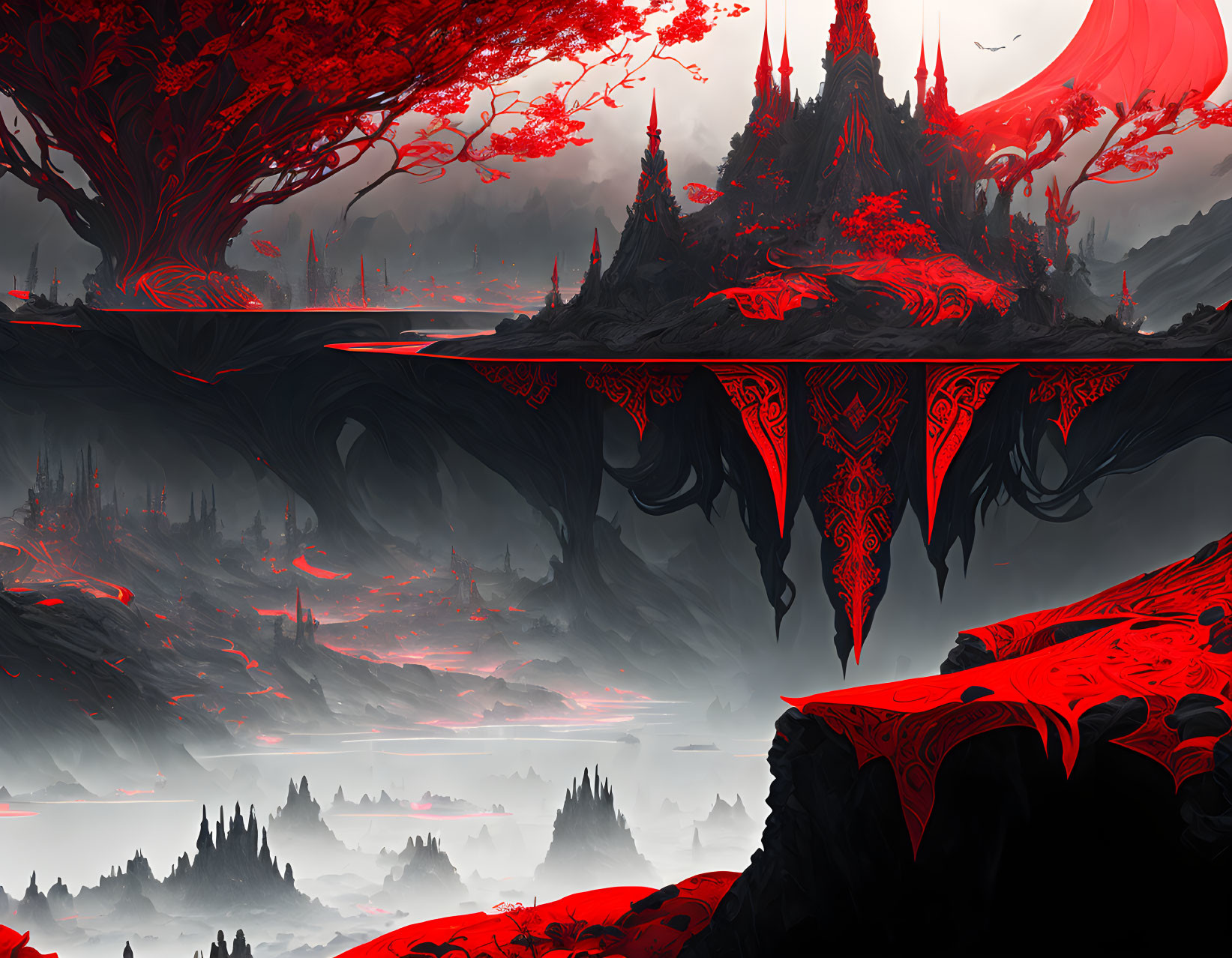 Fantasy Landscape with Red and Black Tones and Otherworldly Elements