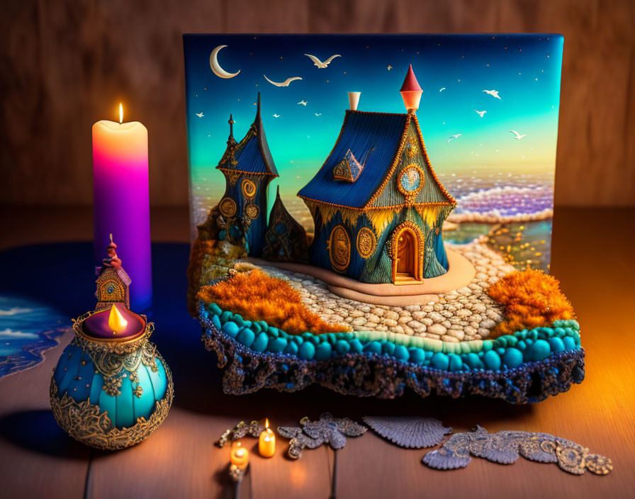 Whimsical 3D artwork of storybook house on floating island