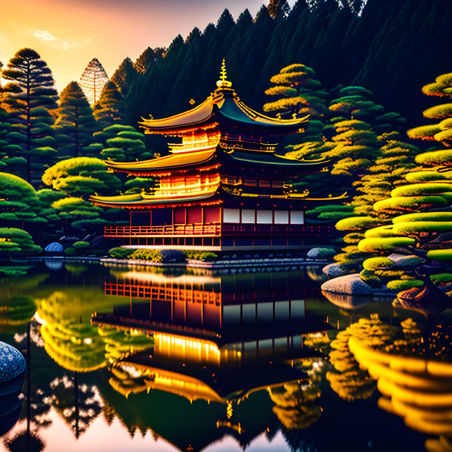 Japanese Temple Illuminated at Twilight Reflected in Water