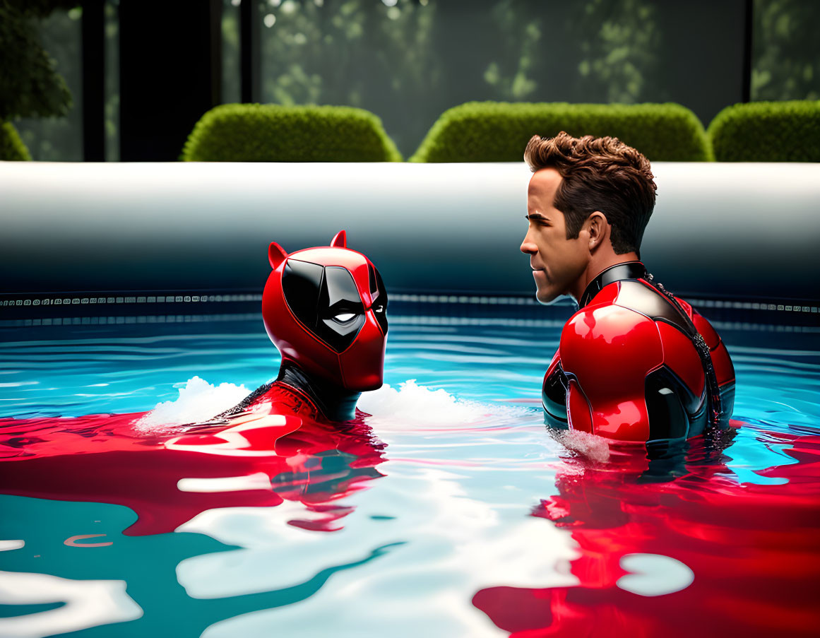 Superhero Costumed Individuals Talking in Pool