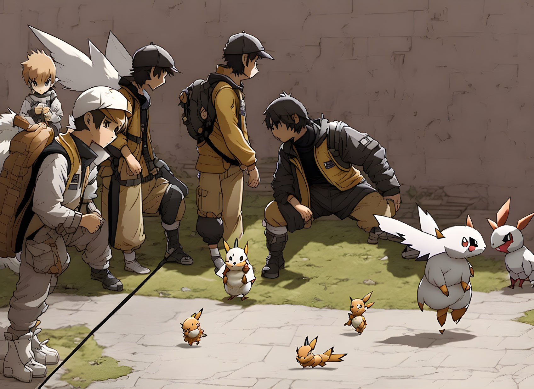 Anime-style soldiers with modern gear observing small, fox-like creatures in a light-hearted, post-apocalyptic