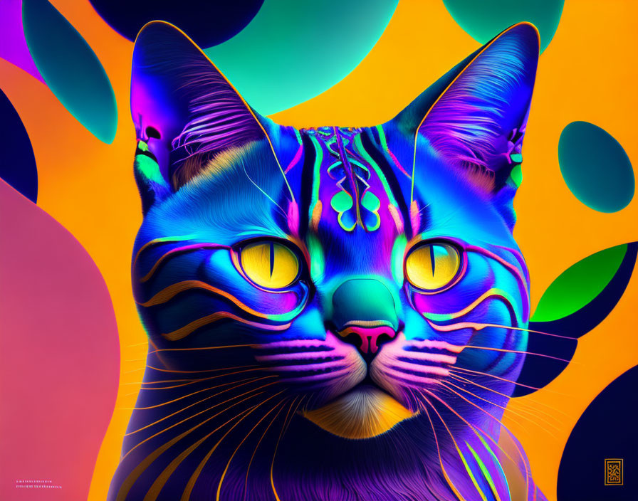 Colorful Digital Art of Cat with Neon Patterns on Multicolored Abstract Background