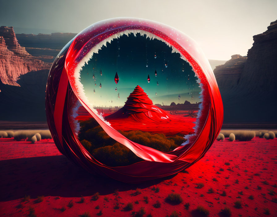 Surreal landscape with red orb showing alternate reality and Christmas tree in desert