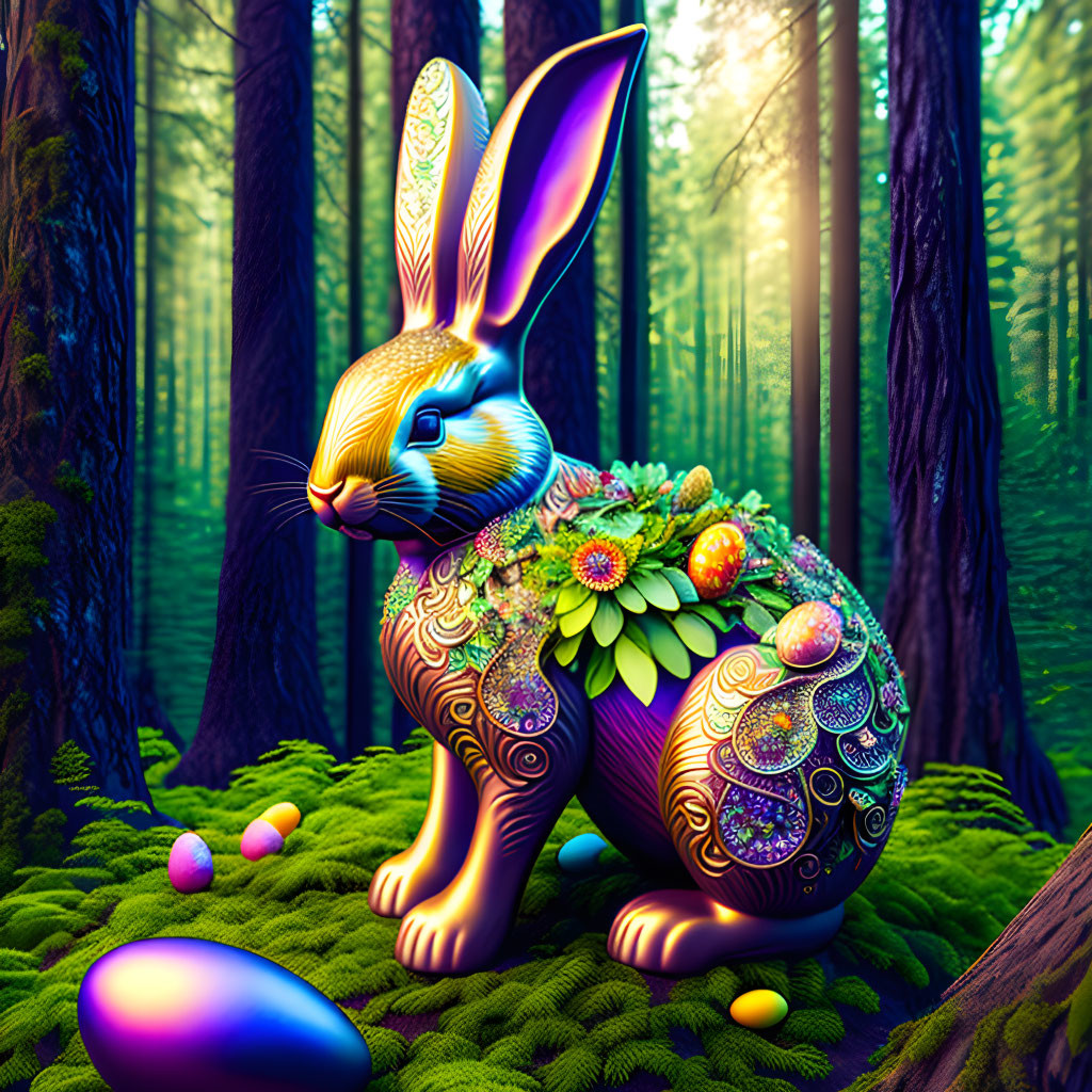 Colorful Mechanical Rabbit in Floral Forest with Easter Eggs