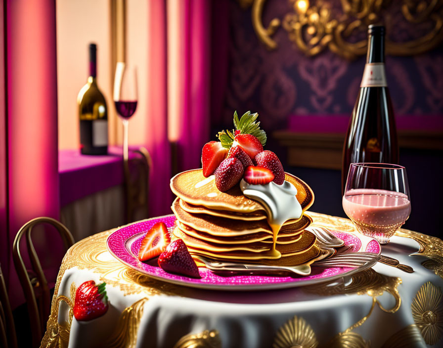 Luxurious Breakfast Setting with Pancakes, Rosé Wine, and Elegant Tableware