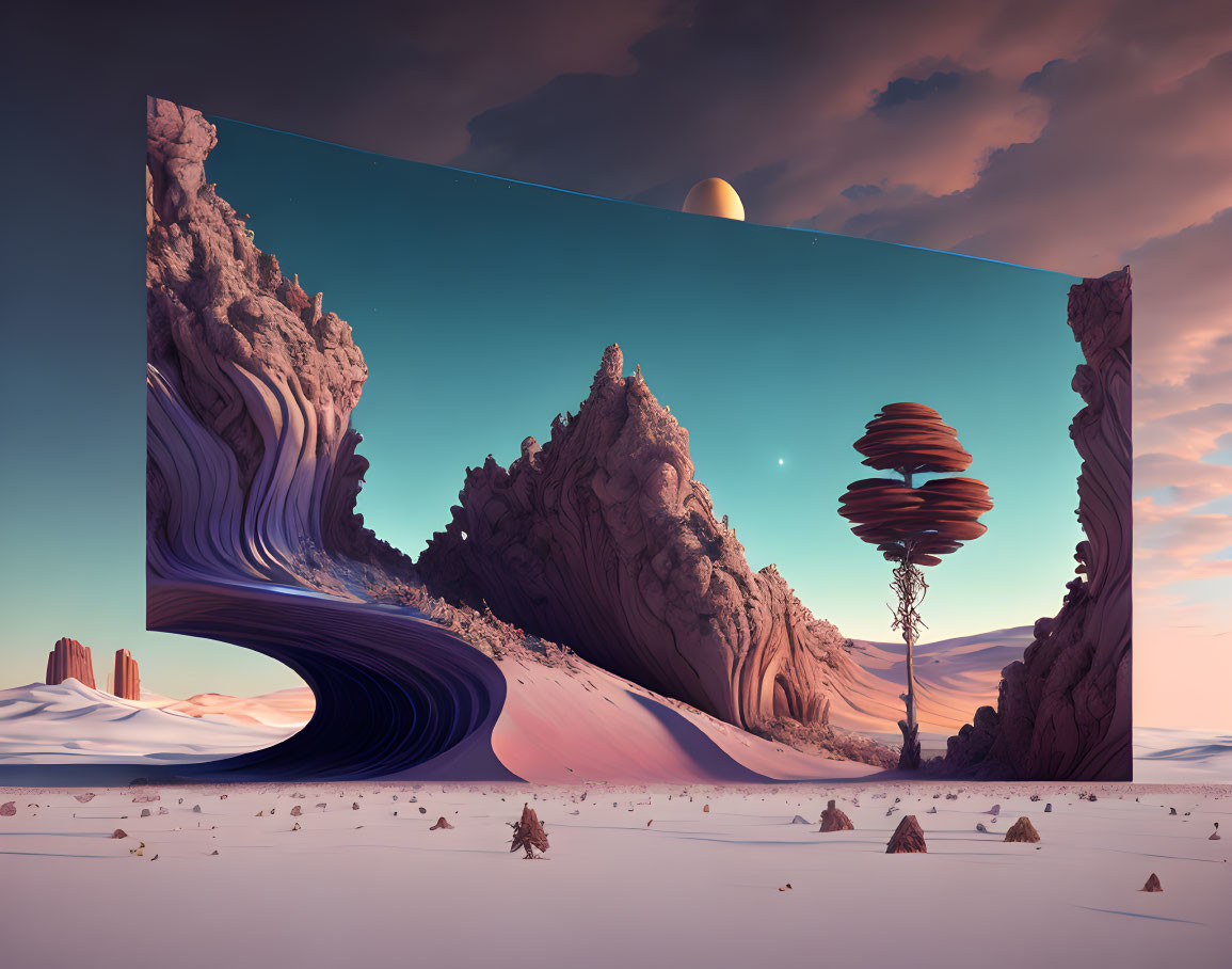 Surreal landscape with floating rocky structure, whimsical tree, and celestial bodies