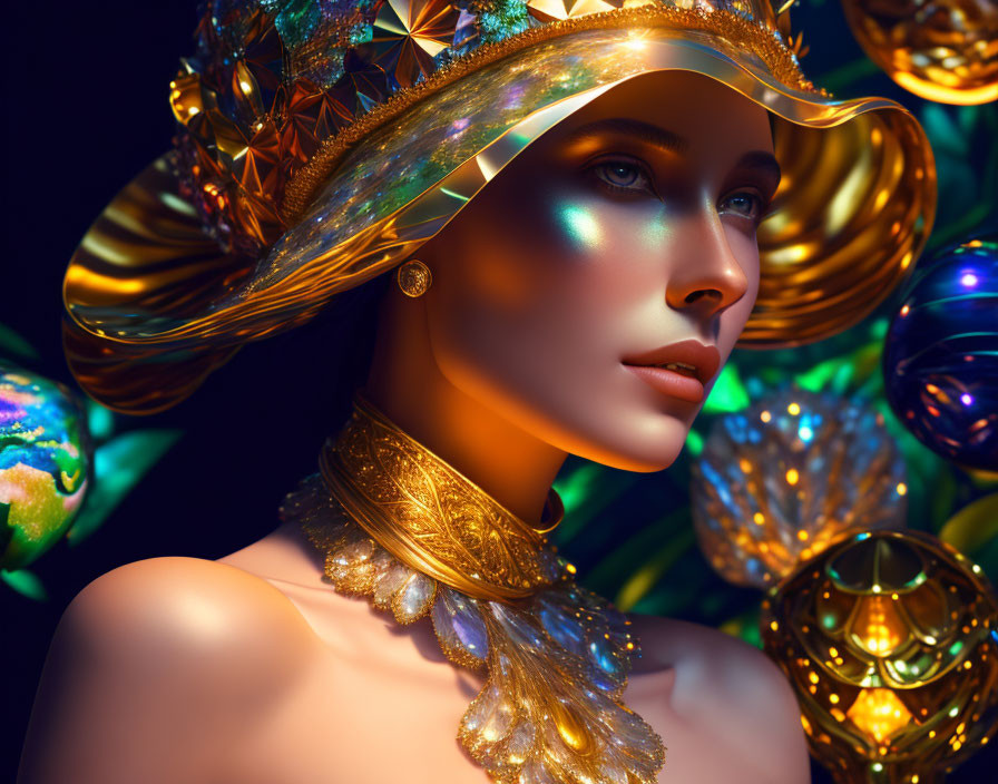 Ethereal woman in golden hat and jewelry with luminous ornaments