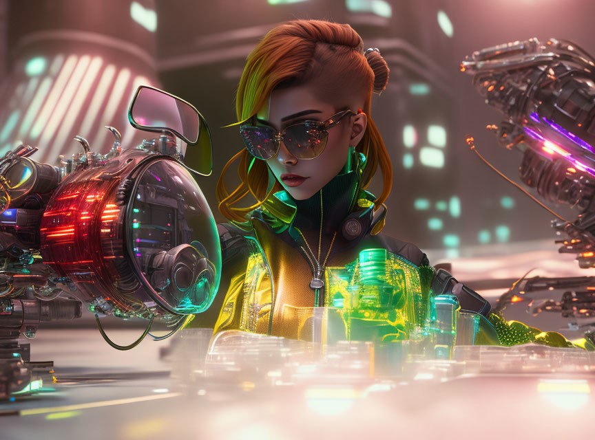 Futuristic image of stylish woman with sunglasses and headphones