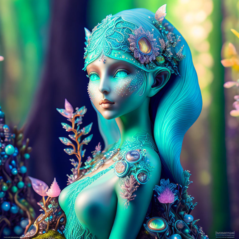 Blue-skinned elf-like creature adorned with nature-inspired jewelry in mystical forest setting.