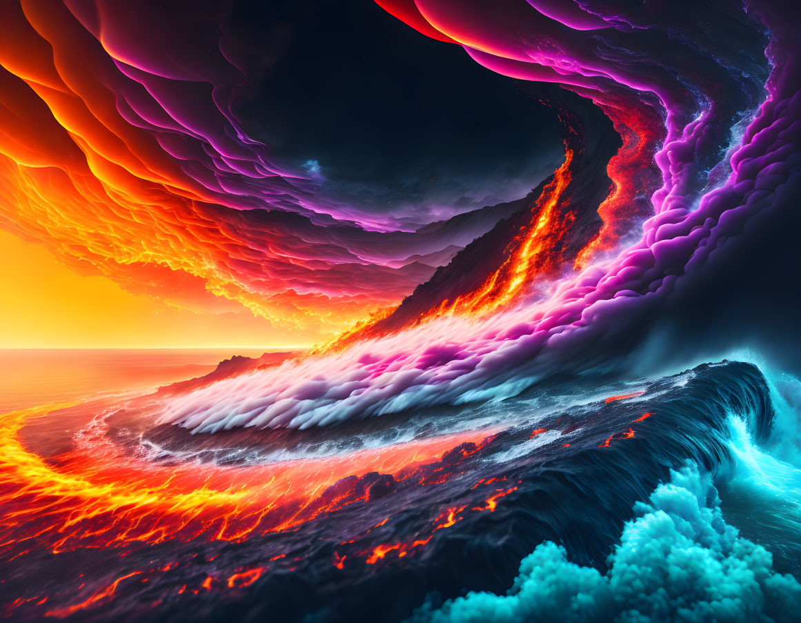 Surreal seascape with fiery clouds above tumultuous waves