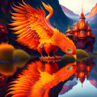 Orange Phoenix Drinking from Still Lake with Ornate Temple on Cliff