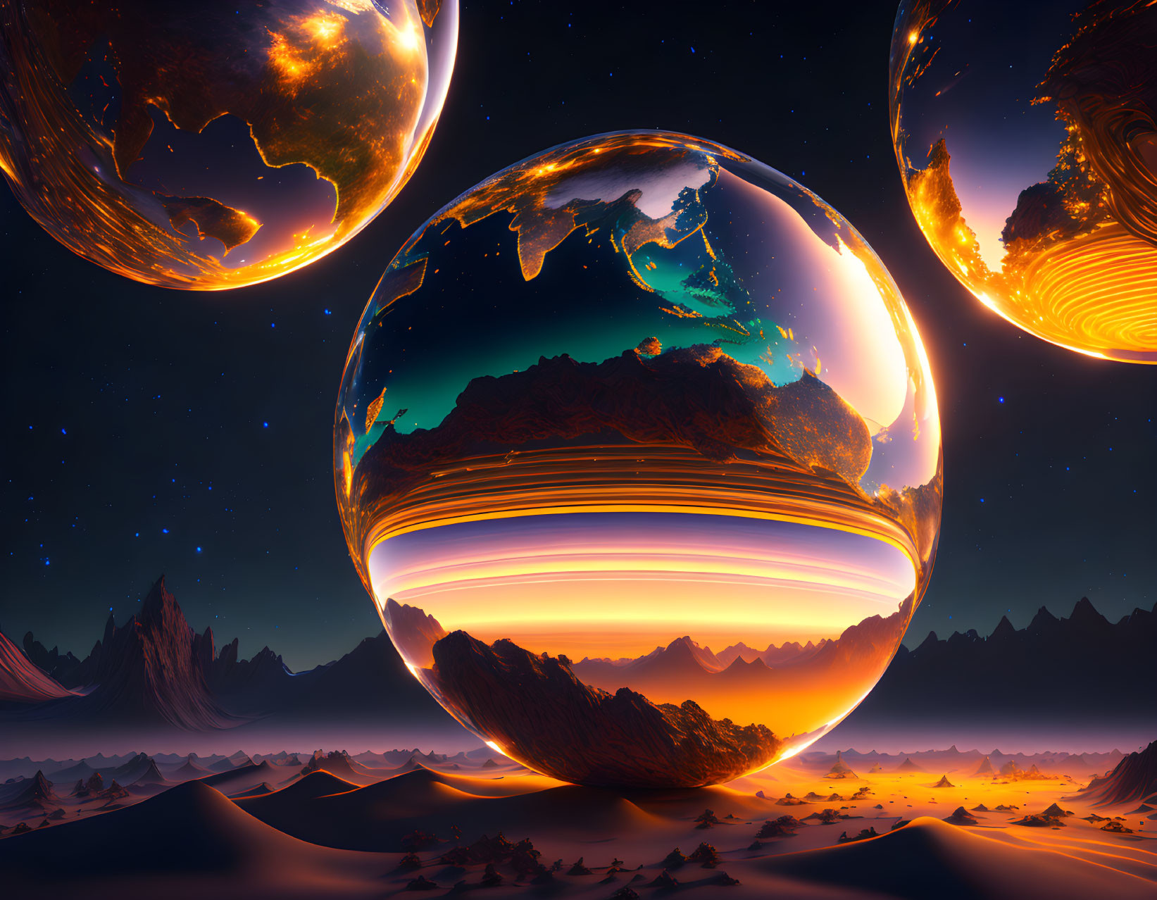 Surreal sci-fi landscape with floating globes and alien mountains