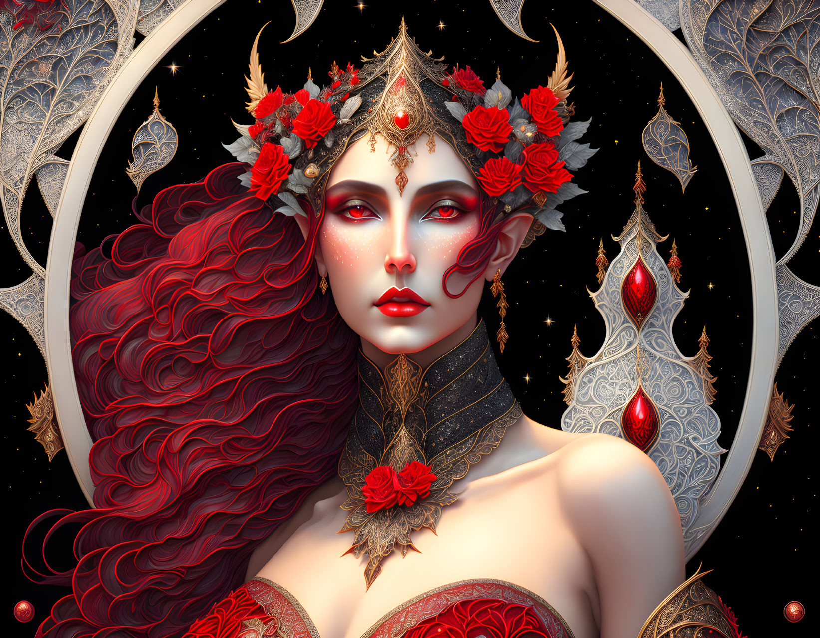 Fantasy female figure with red hair, ornate headdress, and intricate jewelry in crescent moon