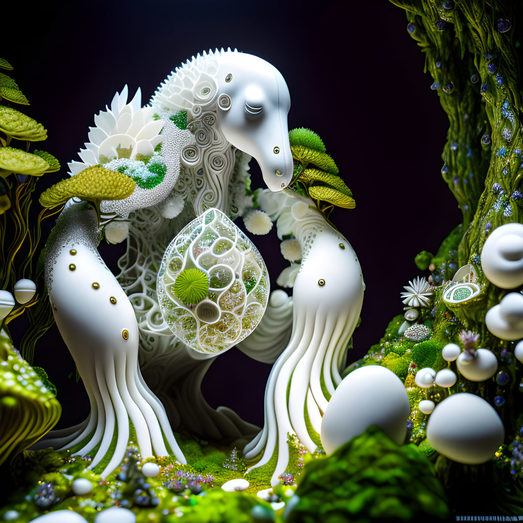 Intricate white creature in surreal flora landscape