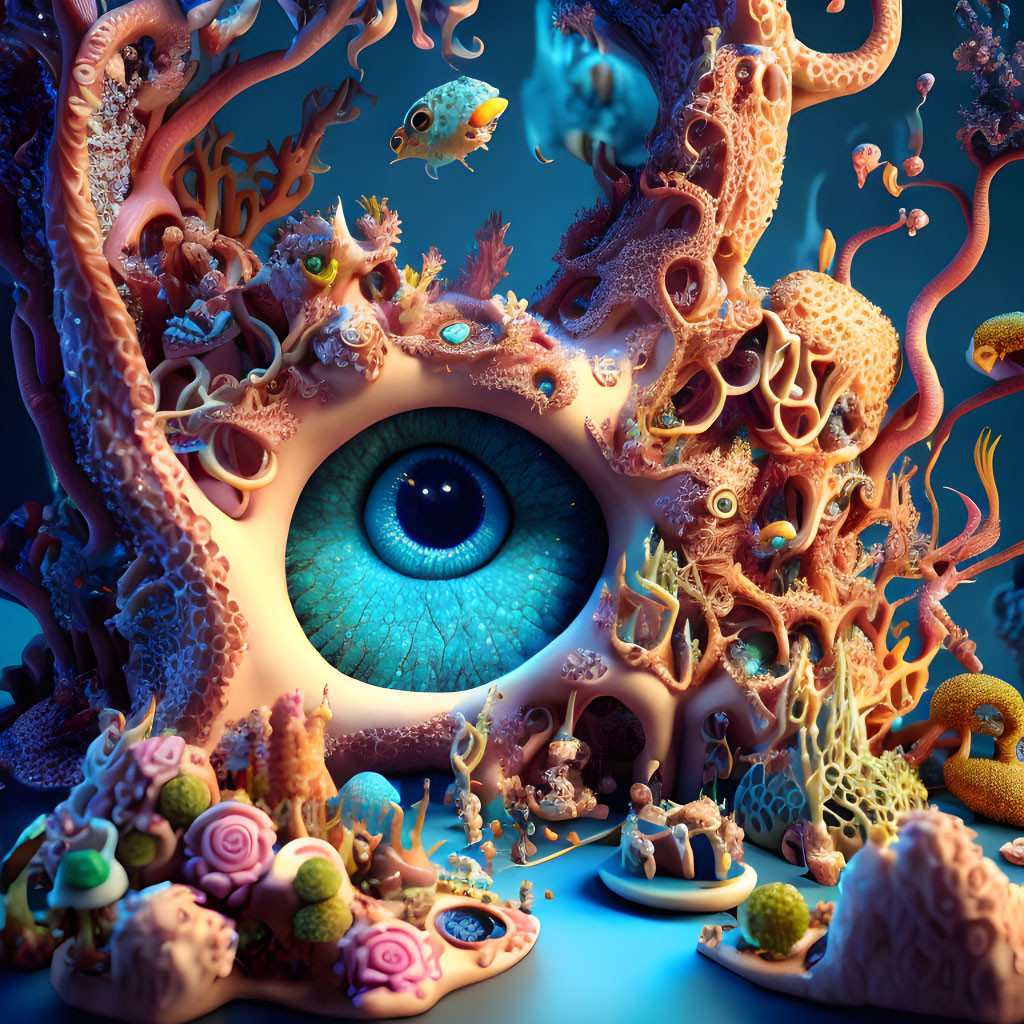 Surreal undersea coral structures with central human eye and fish.