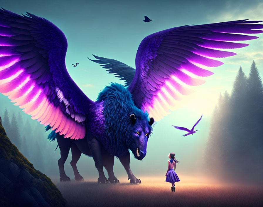 Fantastical scene: Girl confronts giant blue wolf with purple wings in mystical forest.