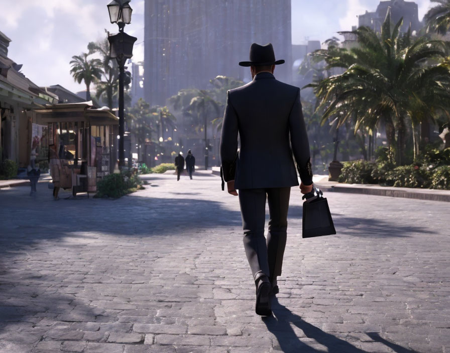 Man in suit and fedora walking down sunny city street with briefcase.