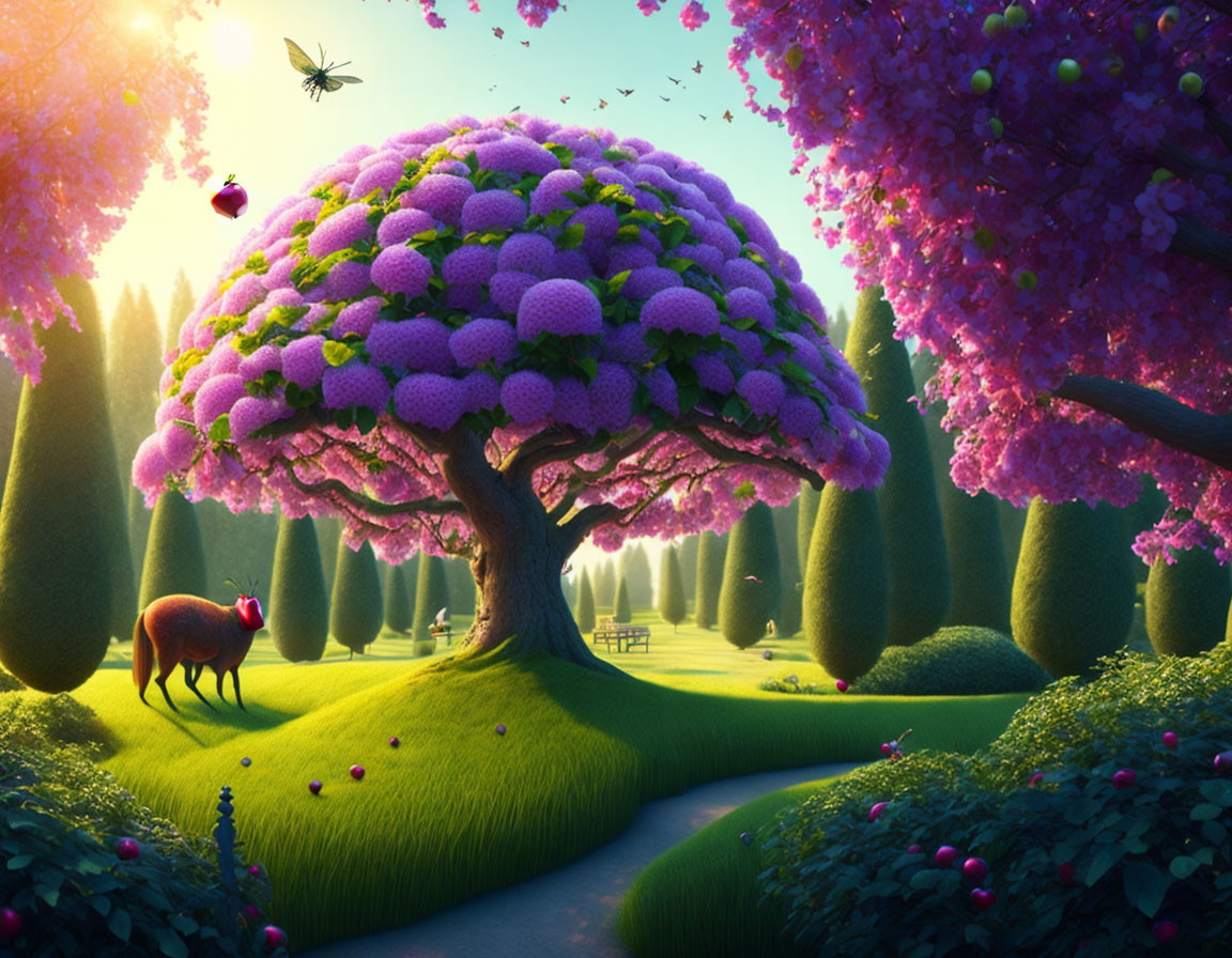 Vibrant oversized flower tree in whimsical garden scene