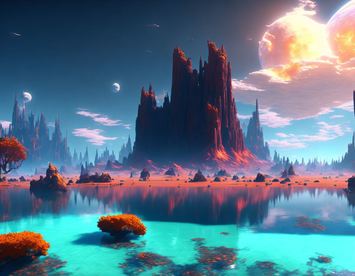 Vibrant alien landscape with rock formation, reflective lake, and multiple planets in blue sky