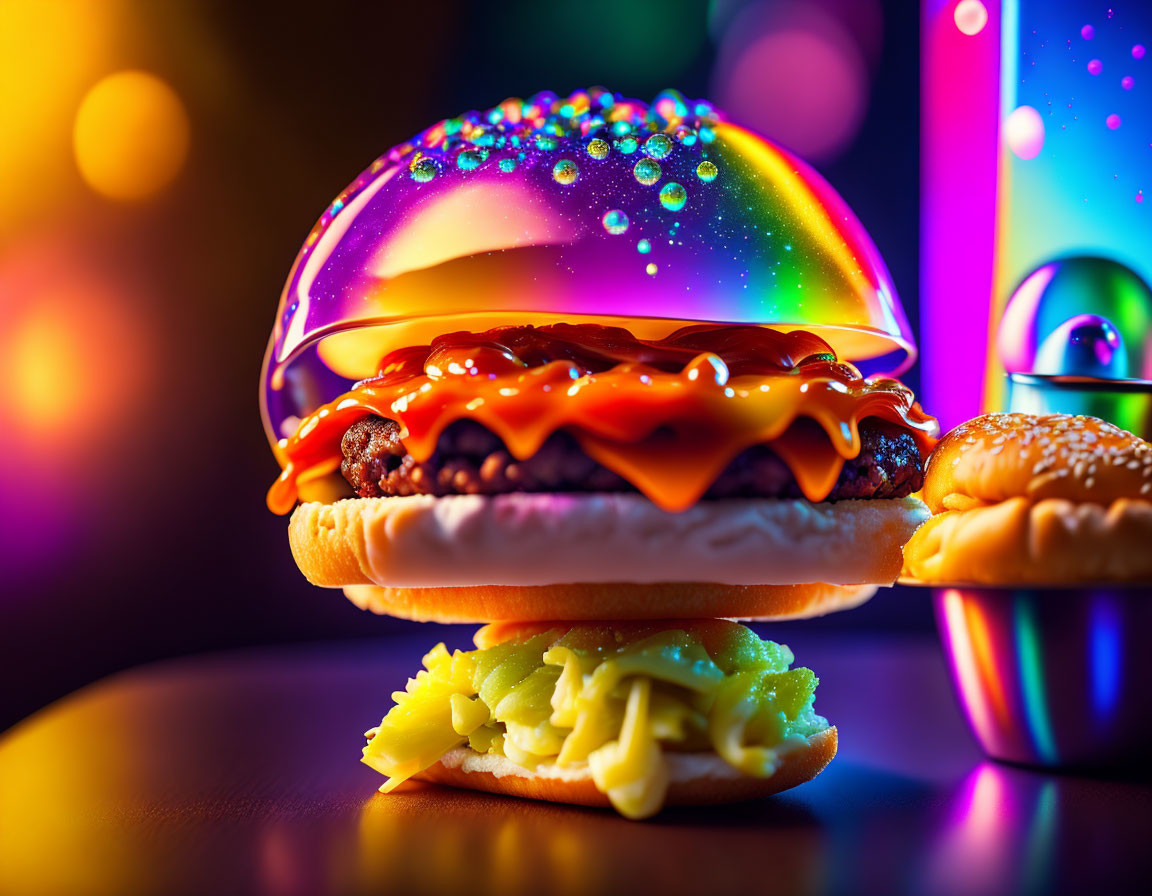 Vibrant surreal cheeseburger with galaxy-themed bun, melty cheese, beef patty, and