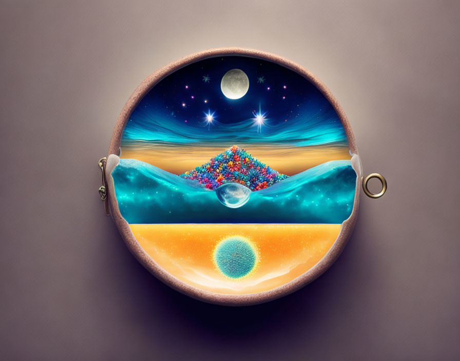 Circular Zipper Purse Featuring Vibrant Surreal Landscape